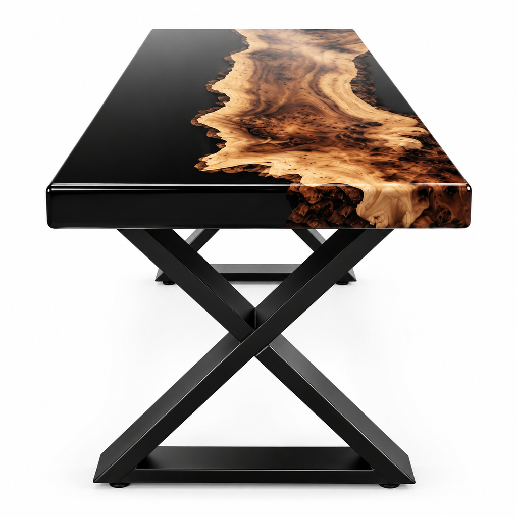 Handmade Live-Edge Wood and Black Resin Accent Table – 25″ × 15″