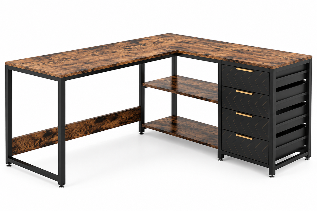 59″ Reversible L-Shaped Computer Desk with 4 Drawers and Shelves