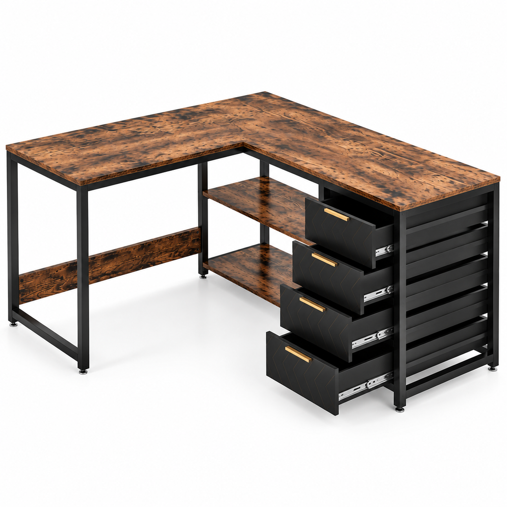 59″ Reversible L-Shaped Computer Desk with 4 Drawers and Shelves