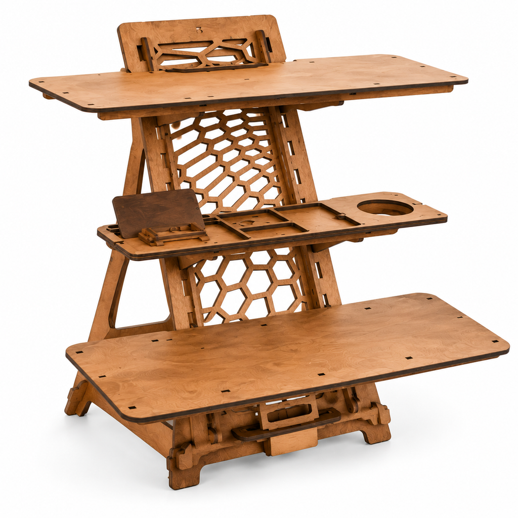 Adjustable Plywood Sit-Stand Workstation with Shelves – Large