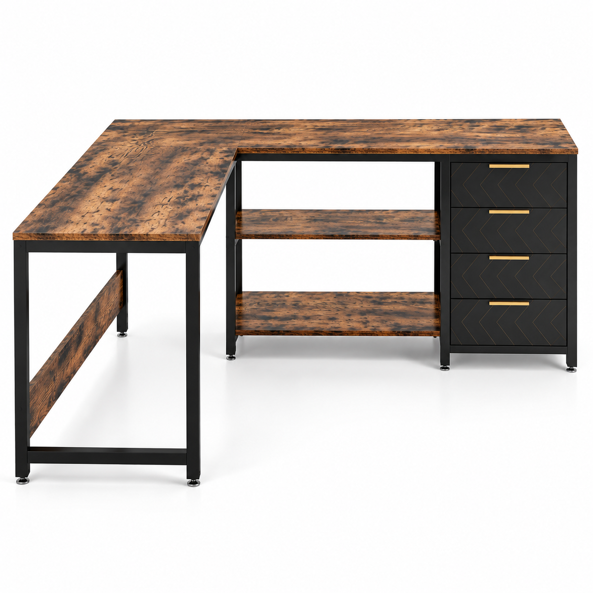 59″ Reversible L-Shaped Computer Desk with 4 Drawers and Shelves