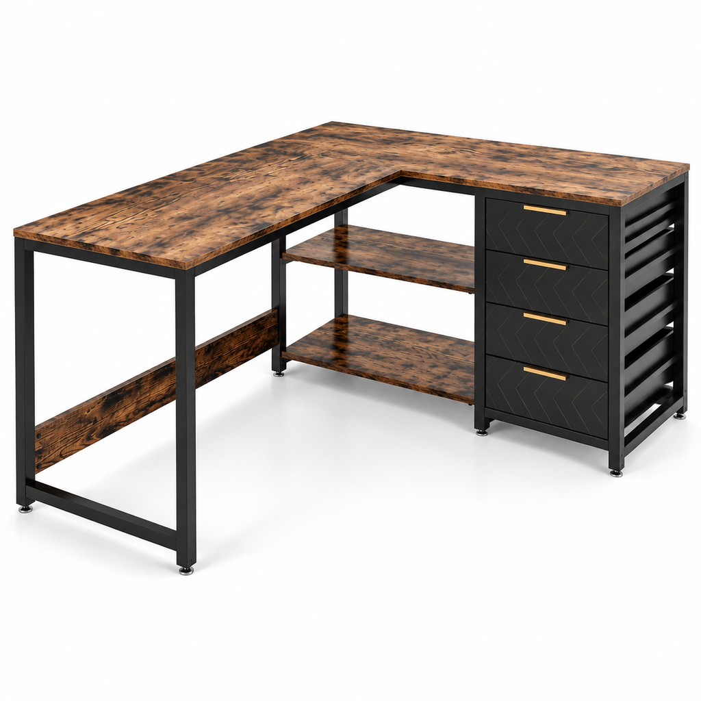 59″ Reversible L-Shaped Computer Desk with 4 Drawers and Shelves